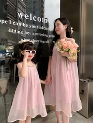 New Family Matching Outfits Dress Women Girls Pink Suspender Beach Clothes Mother Daughter Seaside Vacation Family Look