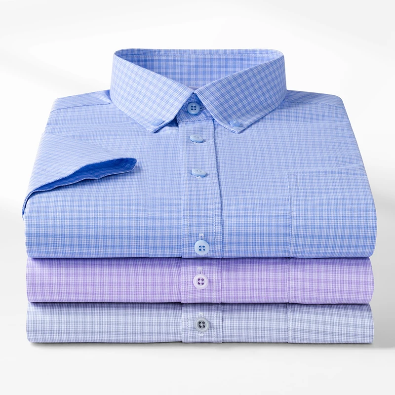 

Hight quality summer Modal short sleeve shirts for men slim fit formal office tops plaid single pocket designer clothes