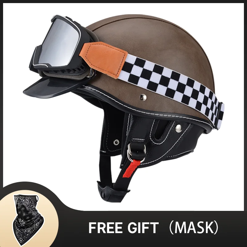 DOT Approved Vintage Blue Plaid Leather Motorcycle Half Face Helmet Chopper Scooter Riding Jet Capacetes Para Moto Men and Women