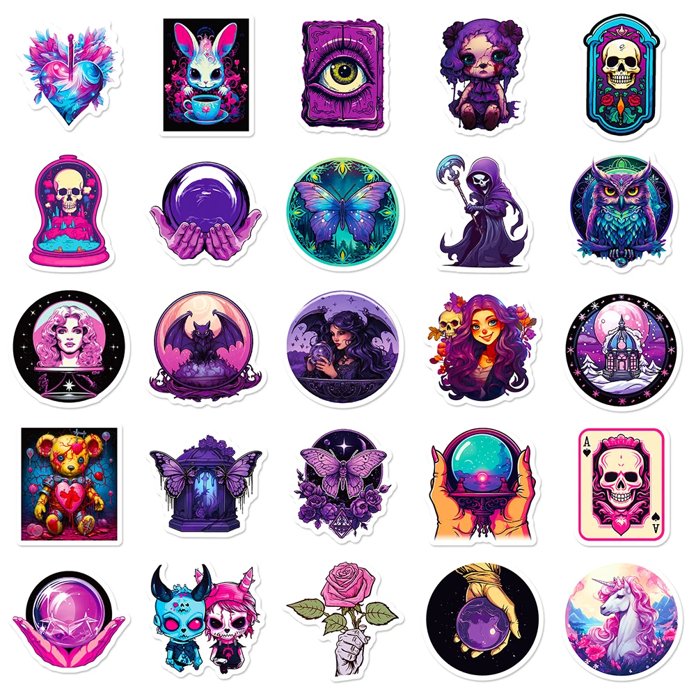 10/30/50pcs Cartoon Purple Gothic Skull Graffiti Stickers Decals Skateboard Laptop Motorcycle Phone Car Waterproof Sticker Toys