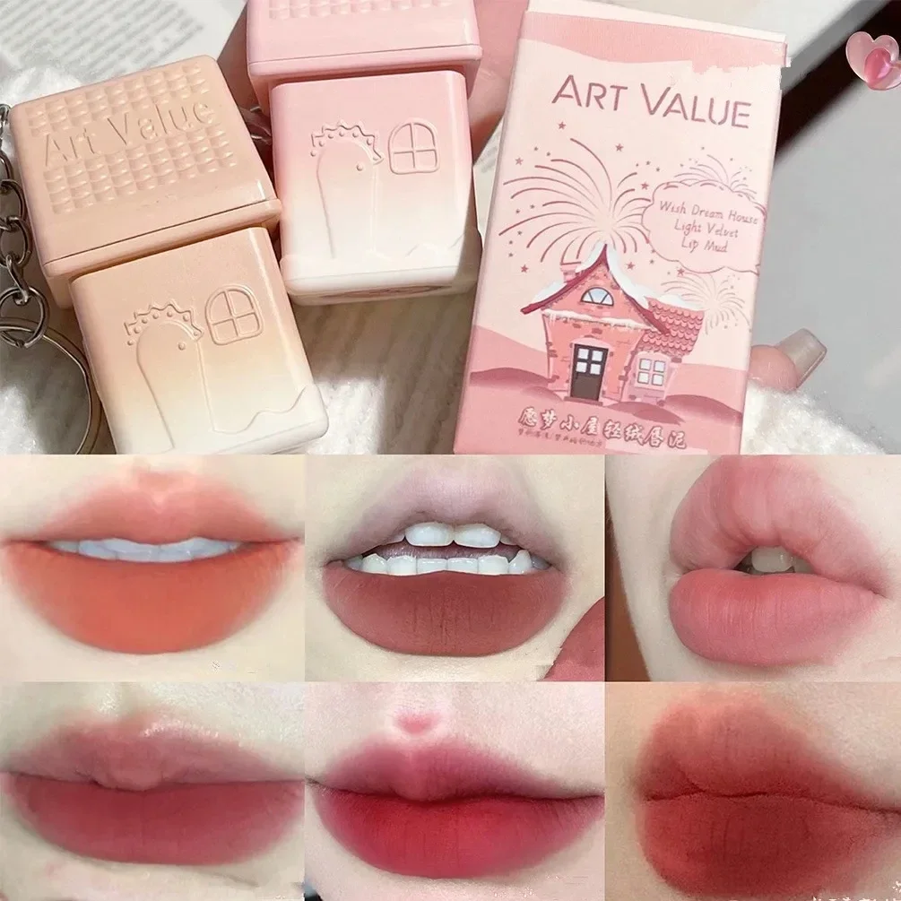 Matte Nude Lip Mud Keychain, impermeável duradouro, batom líquido de veludo Pink Lipglaze, copo antiaderente, maquiagem de tonalidade labial, cosméticos bonitos