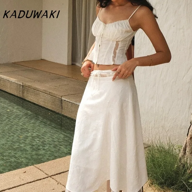 

KADUWAKI French Summer White Dress Set Women 2pcs Matching Set Skirt Outfits Spaghetti Strap Top Skirt Sets Vacation Beach Dress
