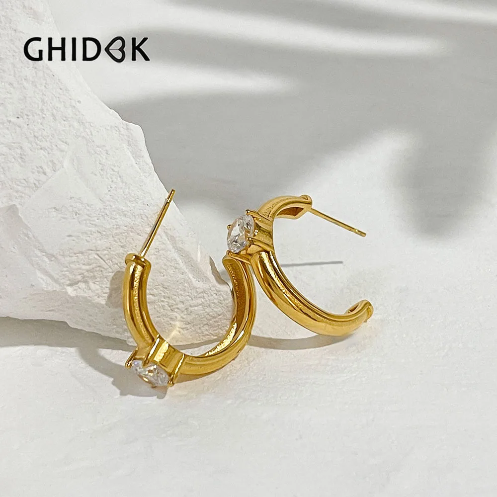 Ghidbk Stainless Steel Gold Plated Thick Hoop Earrings with A Round Cz Charm Women Minimalist Jewelry Accessories Wholesale gift