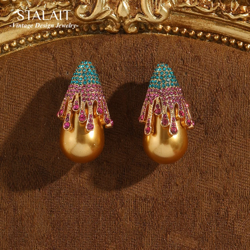

Vintage Champagne Water Drop Pearl Earrings Luxury Green Pink Rhinestones Gradient Gold Color Ice Cream Valentine Day Gift 2025