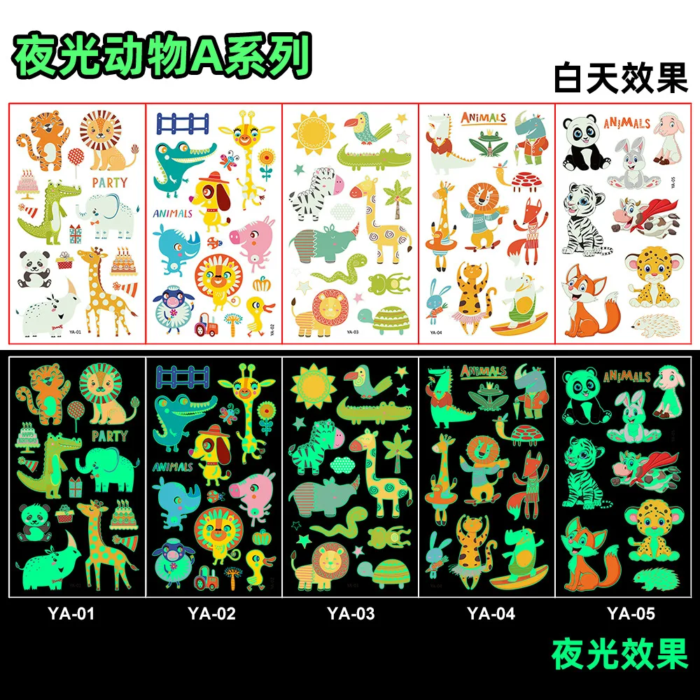 Luminous Tattoo Stickers Temporary Colorful Animal Mermaid Dinosaur Unicorn Space Cute Tattoo Stickers Children\'s Body 5pcs/Set