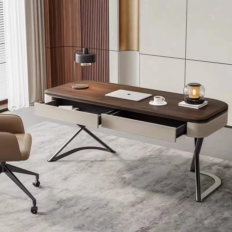 Bureau en bois massif haut de gamme, bureau de salon moderne et minimaliste, selle en placage de noyer, bureau d'étude en cuir pour ordinateur