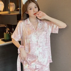 Summer Cardigan Pajamas for Women Short Sleeved Two-piece Set Female Sleepwear Sweet Home Wear Silk Satin Pijamas for Women