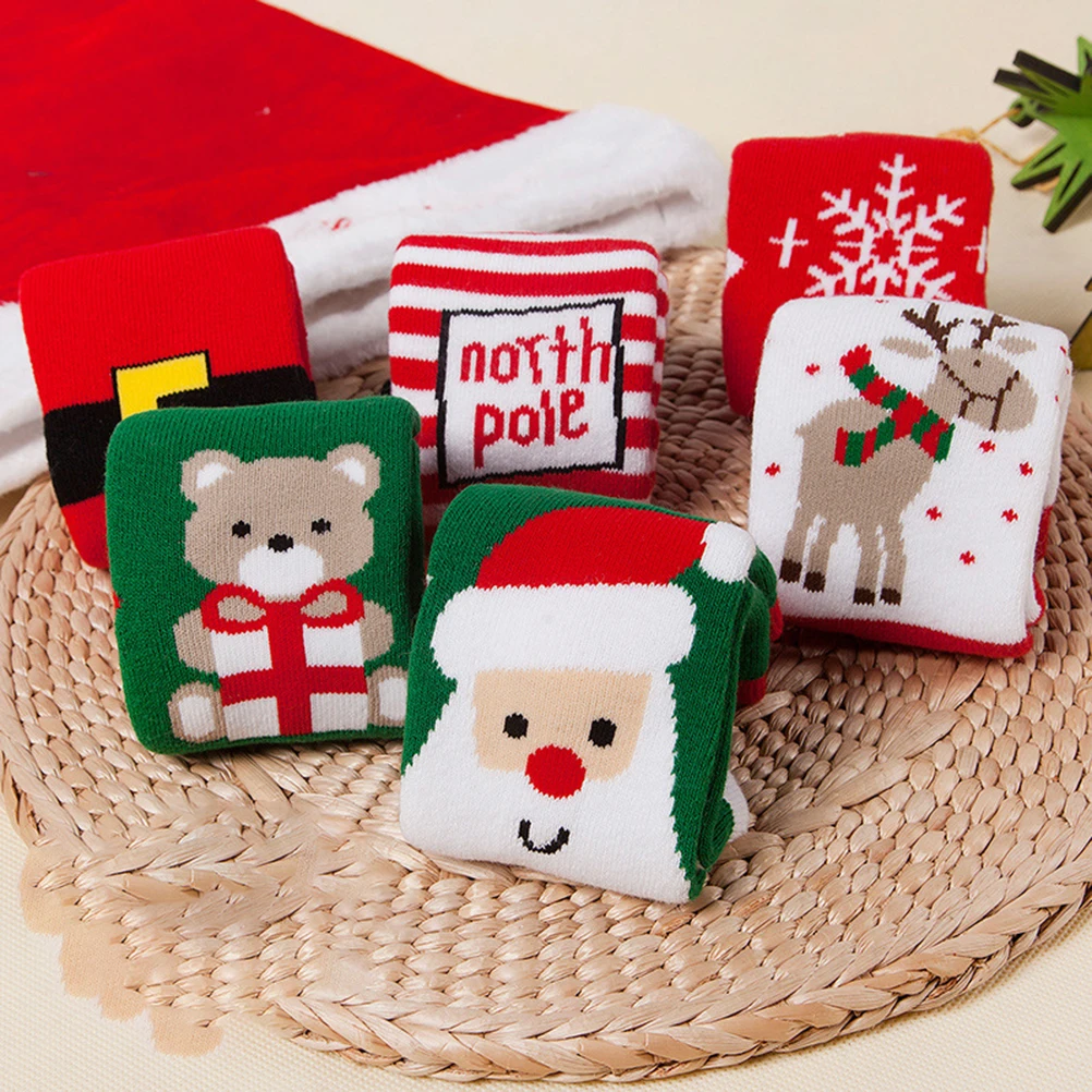 

6pcs Christmas Stockings Autumn Winter Thick Unisex Cotton Socks For Kids Adults Festival Party Decor Gift Boxed Random