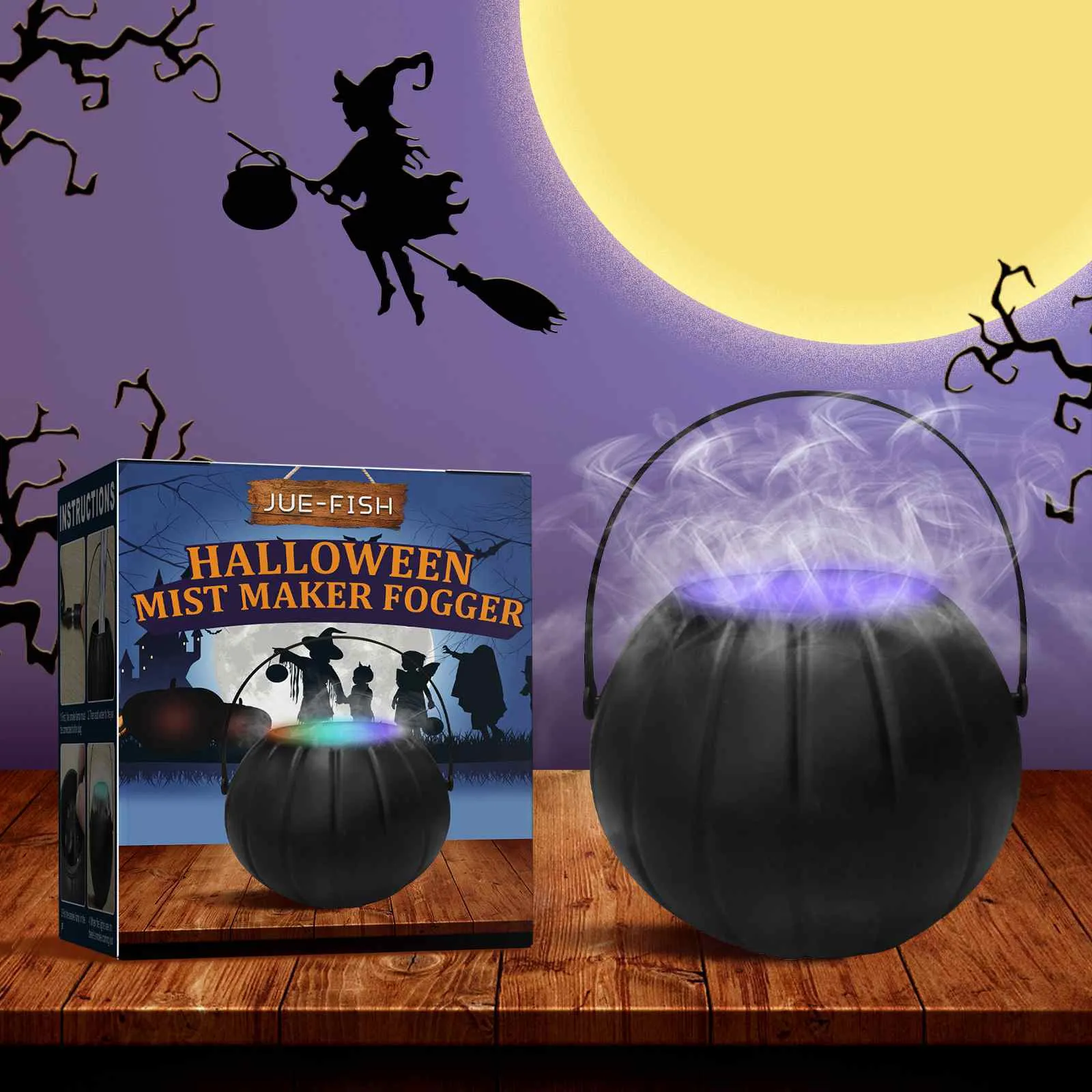 Halloween Witch Fog Lights Cauldron Shape Eu/us/uk Plug Smoke Machine Fogger Haunted House Decor Props Mist Maker Led Lights