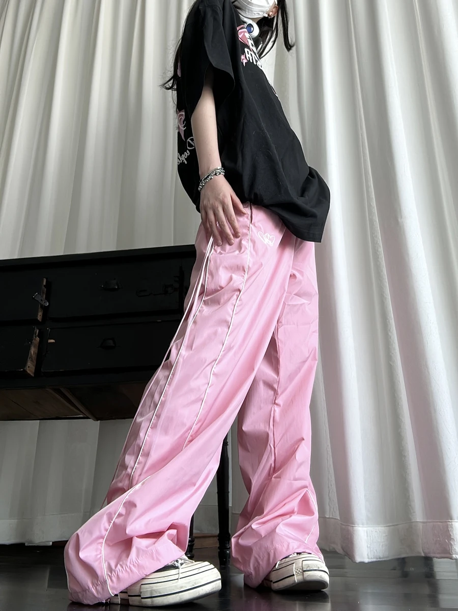 

Retro Striped Loose Sports Long Pants High Street Straight Elastic Waist Casual Trousers Trendy Men's Women's Pink Casual Pants
