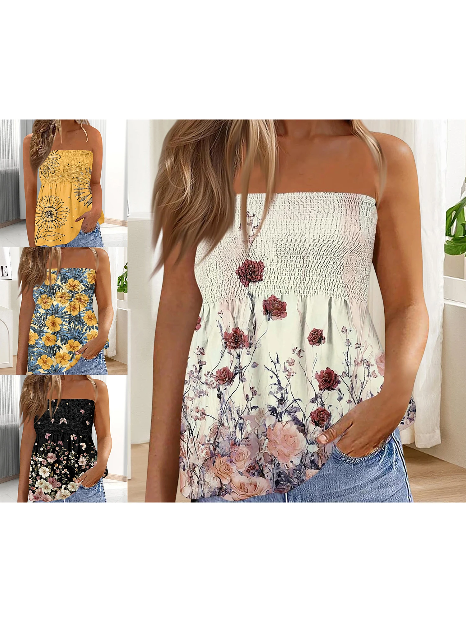 ผู้หญิง Off-Shoulder Ruffle Crop Tops Boho ดอกไม้พิมพ์ Bandeau เสื้อ Flowy Hem Strapless เสื้อแฟชั่นฤดูร้อน