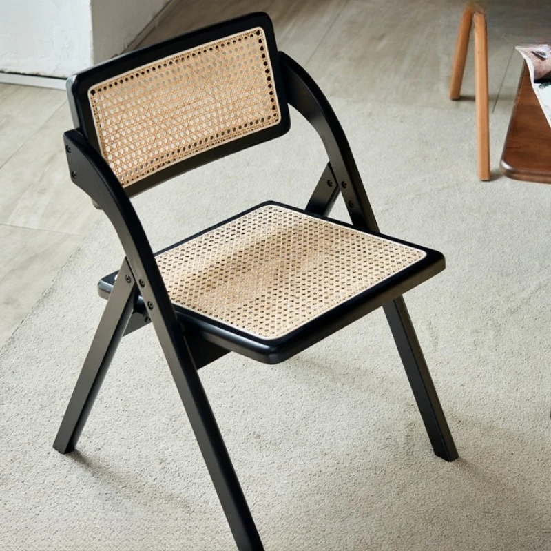 Japanese Solid Wood Rattan Folding Chairs French Retro Foldable Restaurant Chair Nordic Balcony Sedia Da Pranzo Home Furniture