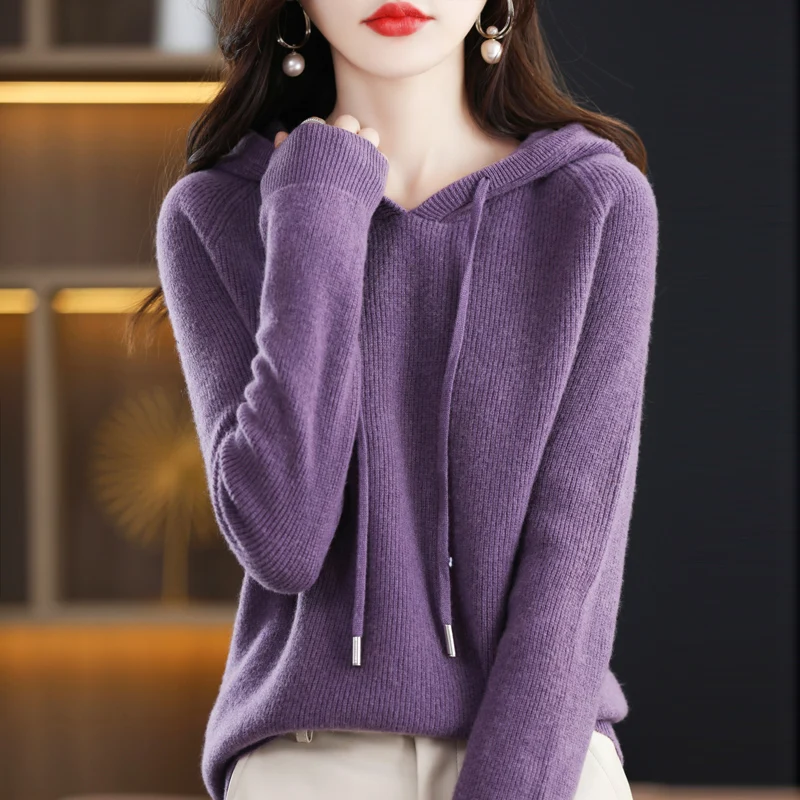 

Fashion Women 100% Merino Wool Fashion Solid Color Hooded Knit Sweater Long Sleeves Pullover Cashmere Soft Warm Clothing Top