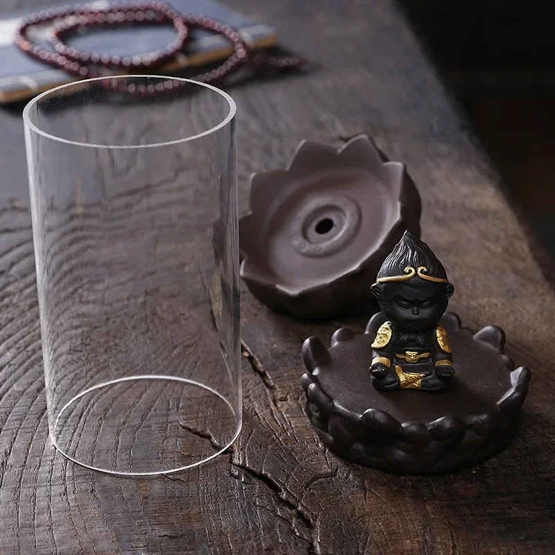 1pc, Ceramic Backflow Incense Burner with Monkey King Figurine and Acrylic Windproof Cover Home Decorations (Without Incense）