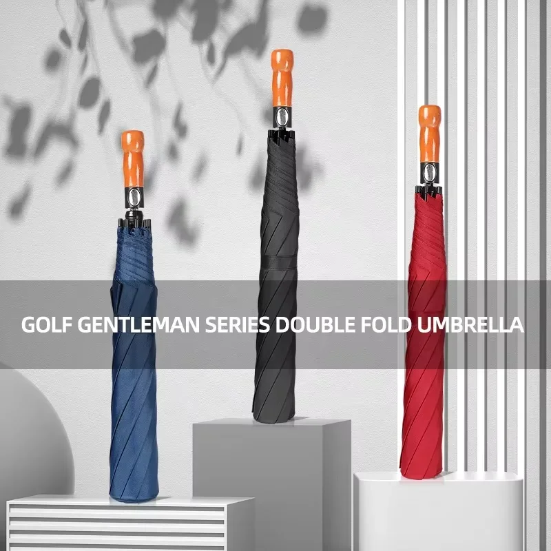 High-End Automatic Retro Solid Wood Handle Golf Umbrella Large Long Straight Pole with Nylon for Business Gifts