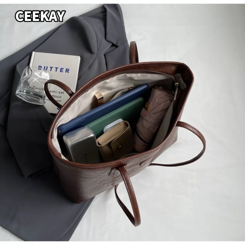CEEKAY Women's Tote Bag Dark Brown Textured PU Leather Large Shoulder Handbag Zipper Closure Daily Casual Minimalist Style