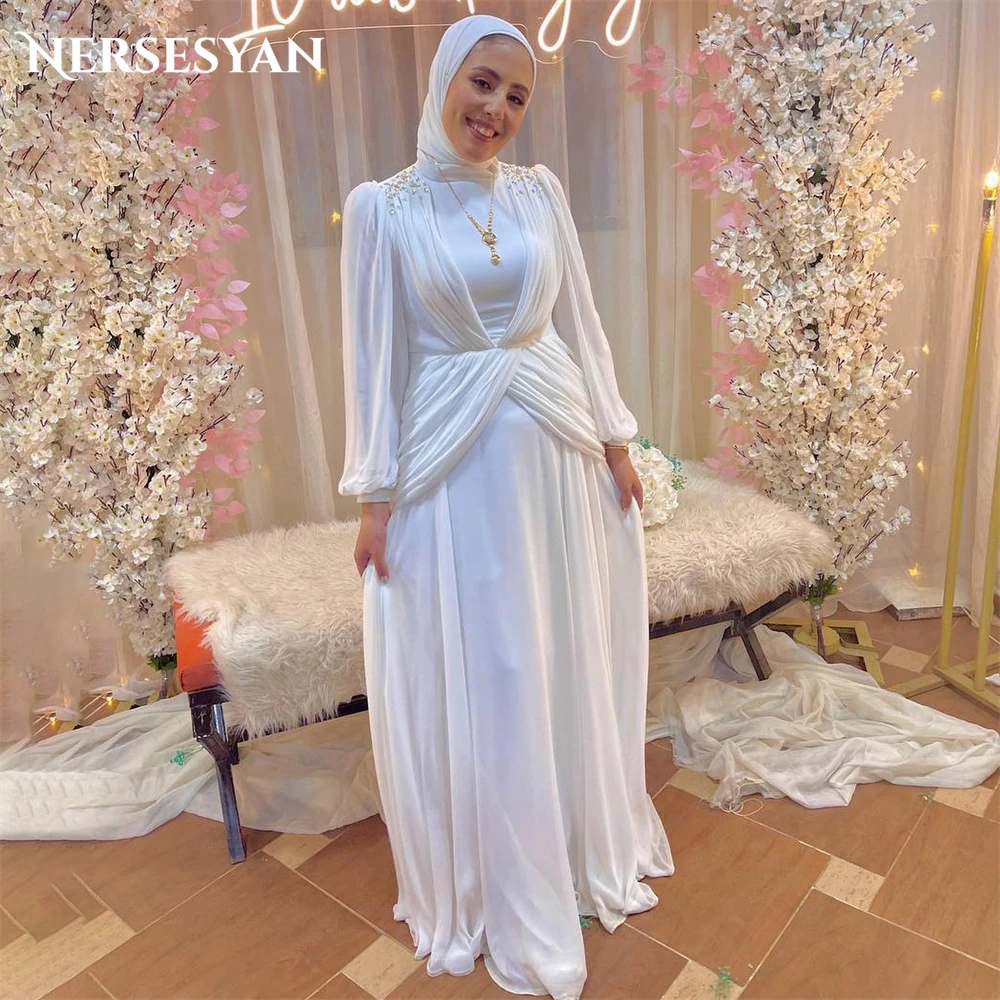 

Nersesyan Muslim Glitter Pure Wedding Dresses Pleats A-Line Lantern Sleeves Bridal Gowns Sparkly Beading Dubai Bride Dress 2024