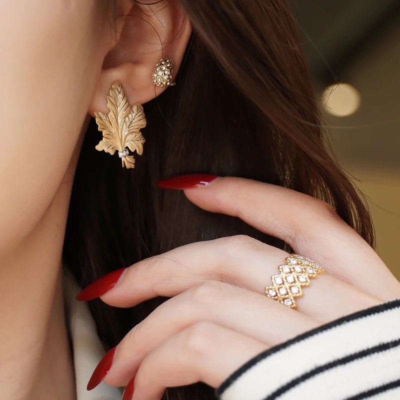 Aazuo Real Vintage Jewelry 18K Solid Yellow Gold Real Diamonds Fairy Leaf Clip Earrings Women's Engagement Party Jewelry Gift view 5