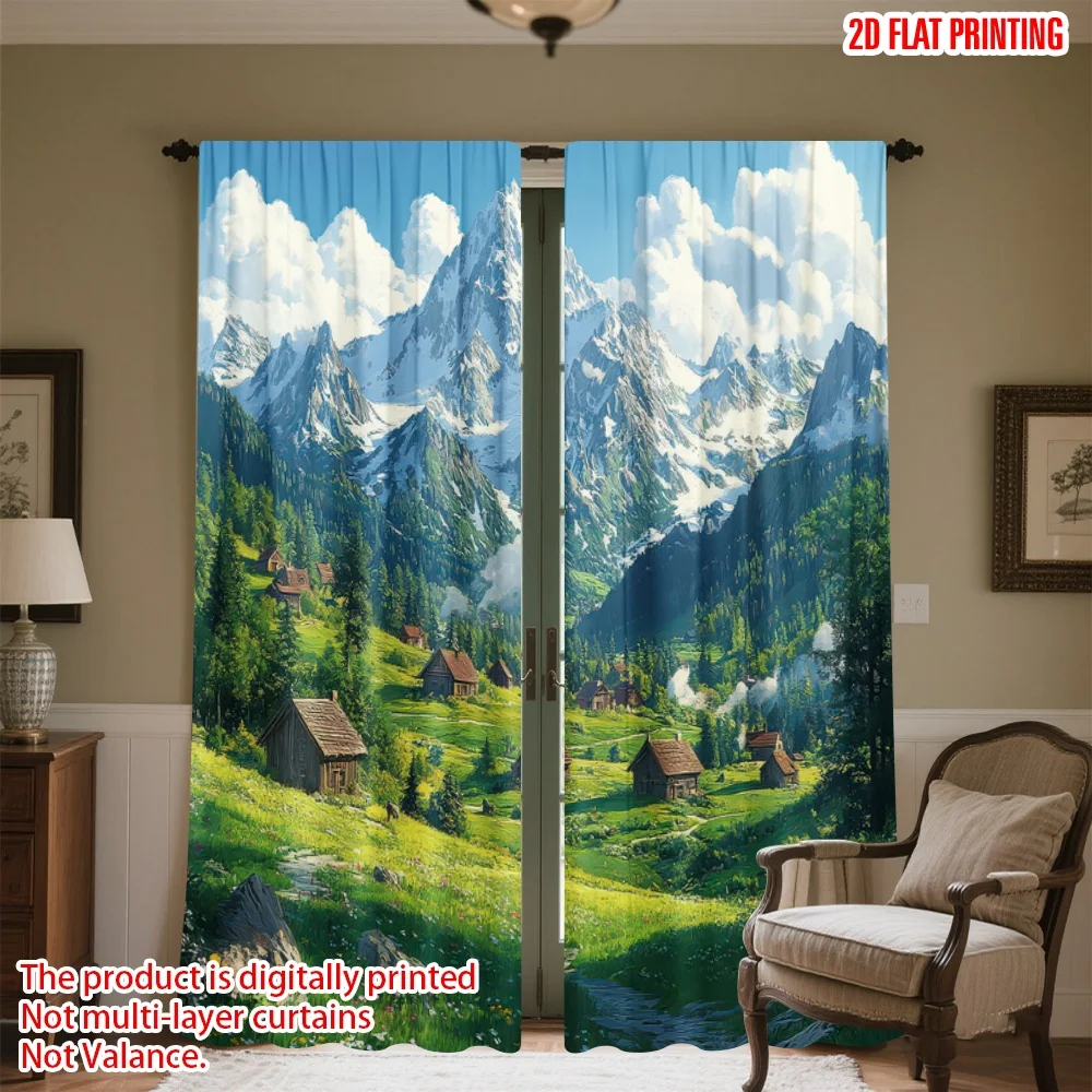 

2D flat printing 2pcs Window Curtains Mountain Cabin Landscape Digital Printed Polyester Drapes Family Party Decoration for
