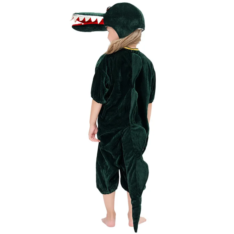 Green Crocodie Kids Jumpsuit With Hat Boy Girls Animal Bodysuit Cosplay Costume Halloween Dress Up Party Role Playing