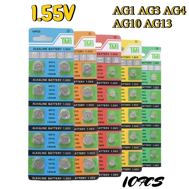 10 Uds AG3 AG13 pilas de botón LR44 LR41 AG0 AG1 AG2 AG5 AG4 Sr626sw pilas alcalinas para reloj llave de coche remoto
