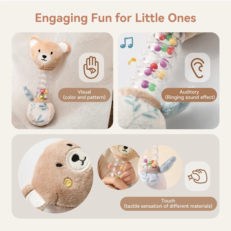 0-12Baby Bear Rattle Early Learning Educational Toy Sensory Soothing Soft Plush Animal Rattle for Crib Handheld Baby Toy Toddler