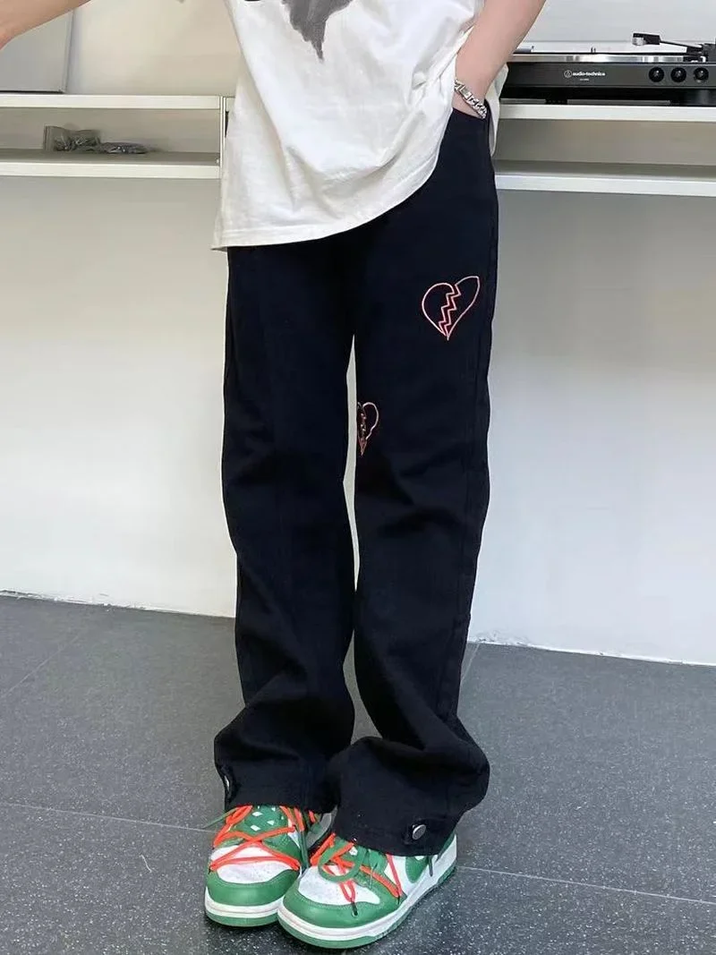 Y2k Heartbreak Graphic Jeans pantaloni a gamba larga Street Wear Highstreet Design BF Jeans larghi Jeans strappati Jeans a gamba dritta