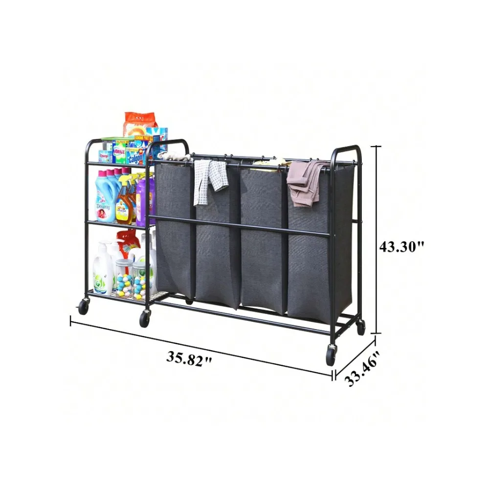 4 Bag Laundry Sorter Cart With Storage Shelf, Rolling Laundry Basket Hamper, With 4 Removable Bags, Casters And Brakes, Black