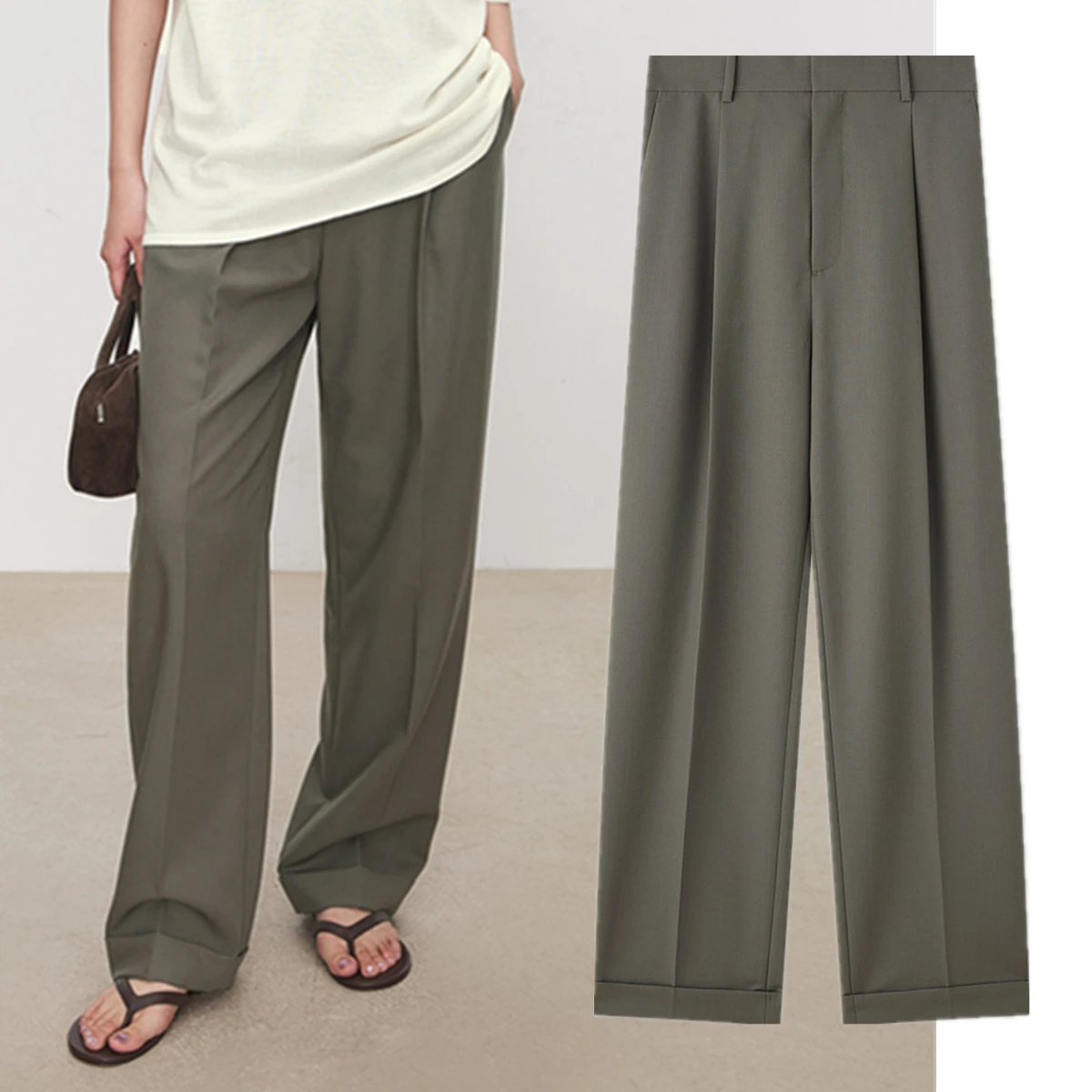 

Maxdutti French Fashion Ladies Lazy Spun Wool Grey Minimalist Suit Pants Retro Casual Woman Clothes Women's Pants And Trousers