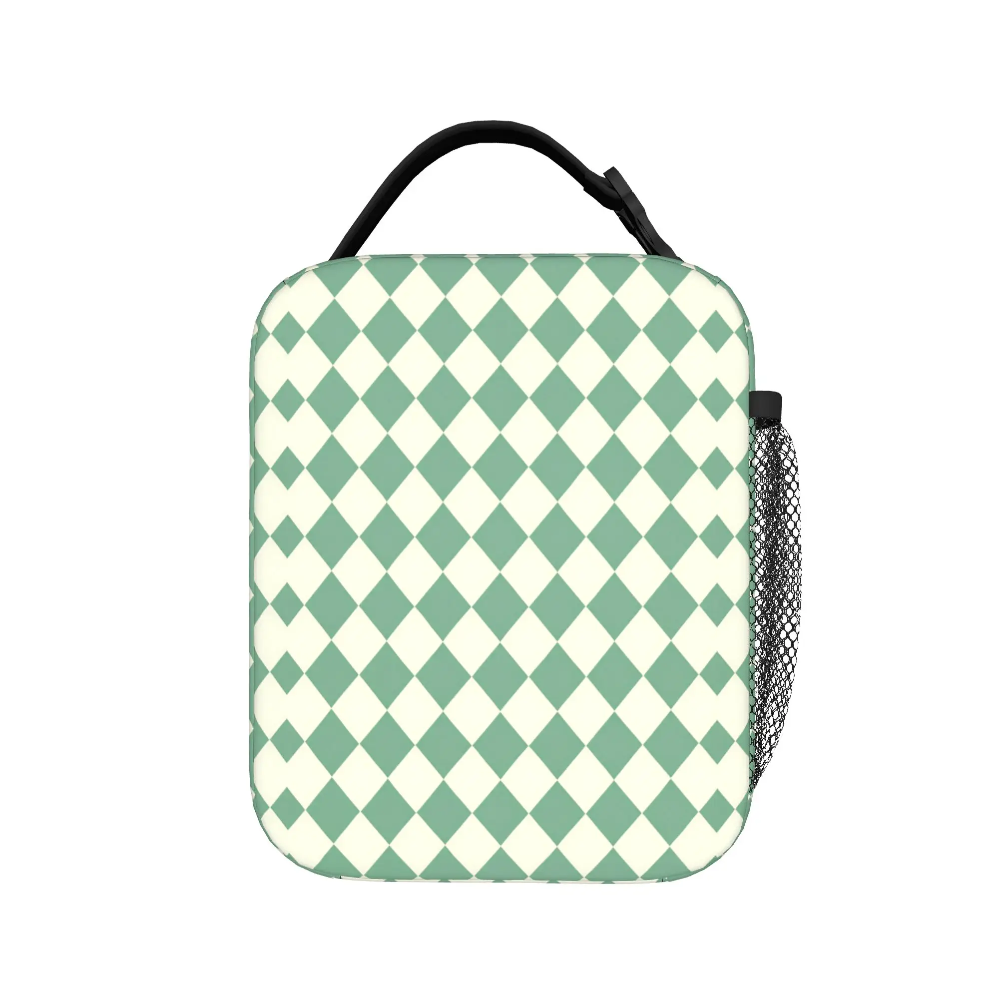 Sage Green Cream Diamond Tile Soft Neutral Geometric Lunch Bag Travel Portable Lunch Box For Child  Oxford Print Cooler Bag
