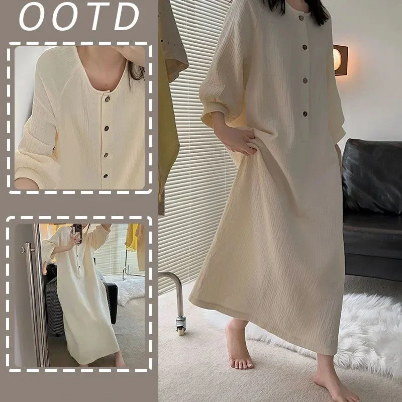 Korean Sleepwear Women Nightgown Button Loose Nightwear Autumn Night Dress Solid One Piece Pajamas O-neck Home Wear New in 2024