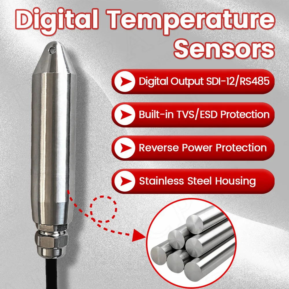 

Rugged Digital Temperature Sensor Stainless Steels High Precision TVS ESD Protection IP68 SDI-12 Modbus-RTU RS485 DC4.5-18V 5M