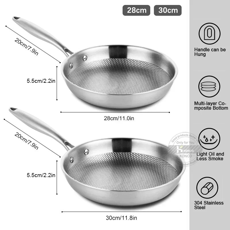 Frying Pan 304 Stainless Steel Skillet 28/30cm Non-stick Pan NO-coating Eggs Steak Frying Pot Use Gas and Induction Stove Woks view 6