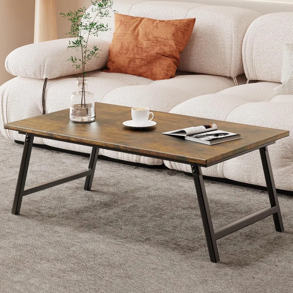 Folding Coffee Table, Portable Wood Low Table with Metal Legs,