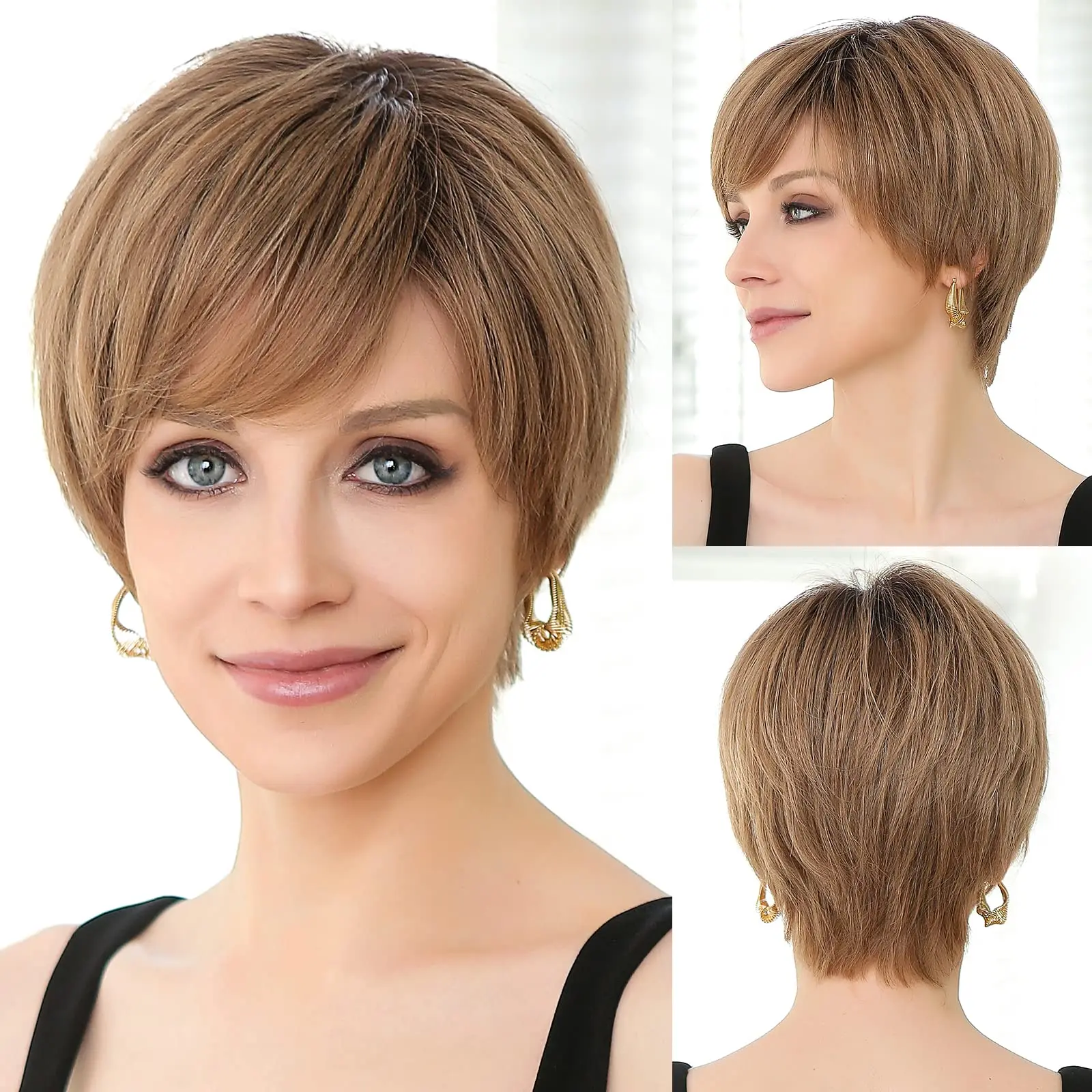 Lace Front Wigs Ombre Light Brown Remy Human Hair Ash Brown Pixie Cut Hairs with Bang Short Straight Wig for Women Bob Human Wig