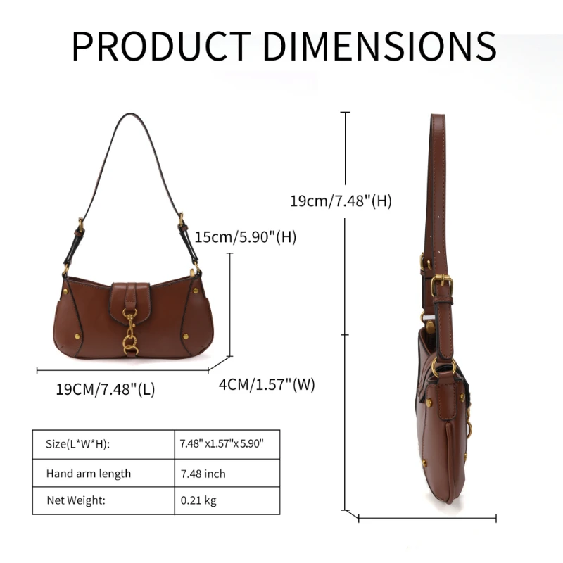 Vielseitige Designer-Handtasche mit Karabinerhaken, Damen-Umhängetasche mit Schlüsselschloss-Schnalle, Motorrad-Einkaufstasche im Biker-Stil, Braun, Reißverschluss – Detail 4