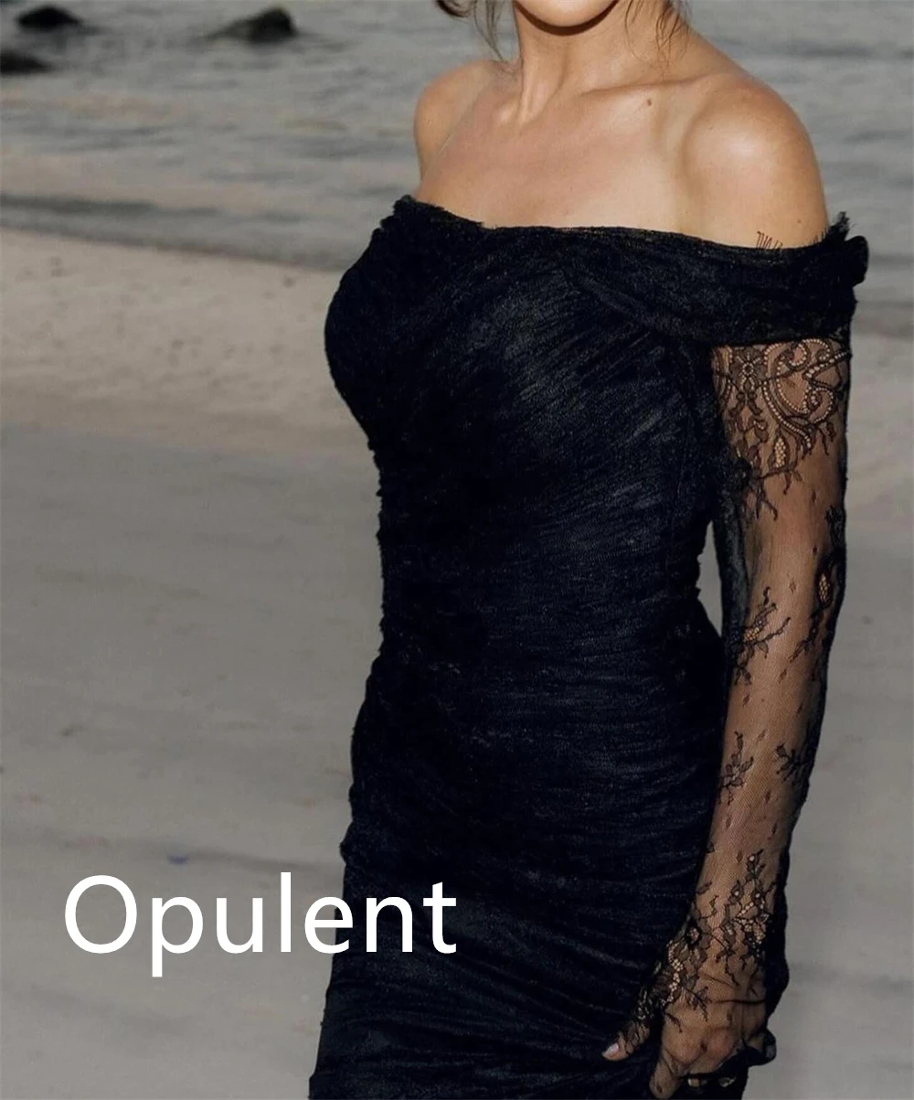Customized  Exquisite Black Jersey Evening Dress Temperament Strapless Off the Shoulder Long Sleeves Bespoke Occasion G image 5
