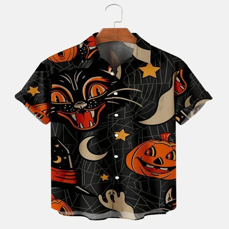 Halloween Black Cat Short Sleeve Shirt 3D All Over Printed Hawaiian Shirt for Men and Women Casual Shirt Unisex