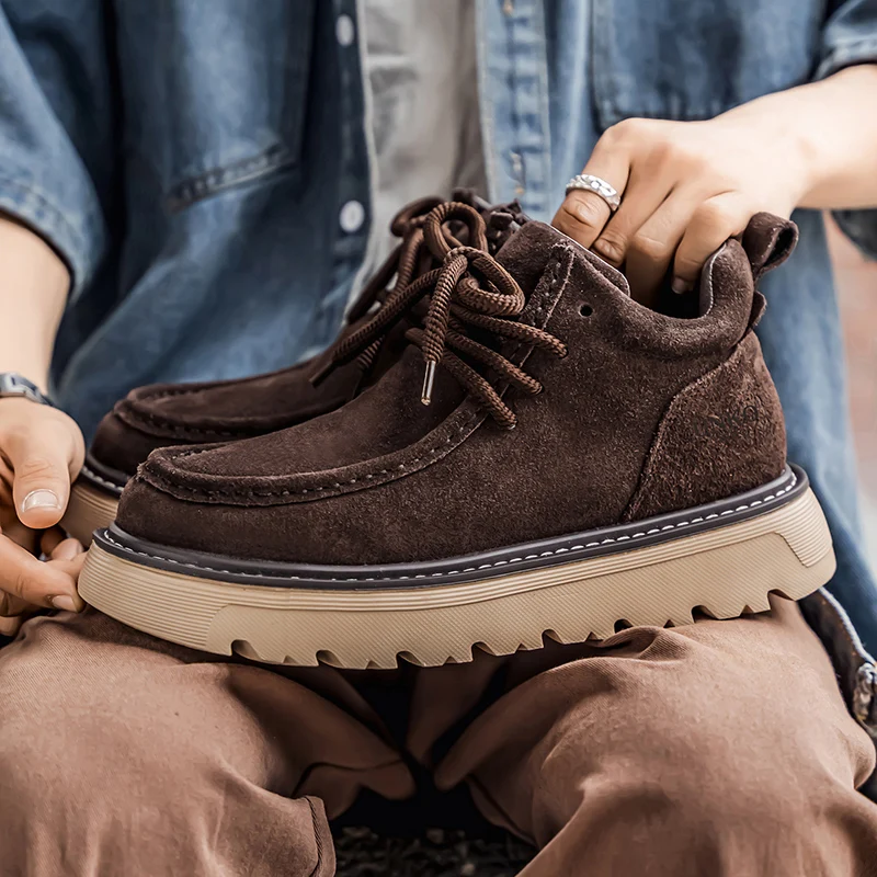 Retro Suede Leather Boots Men High Top Sneakers Platform Comfortable Men's Ankle Boots Non-slip Working Shoes botas para hombre image 3