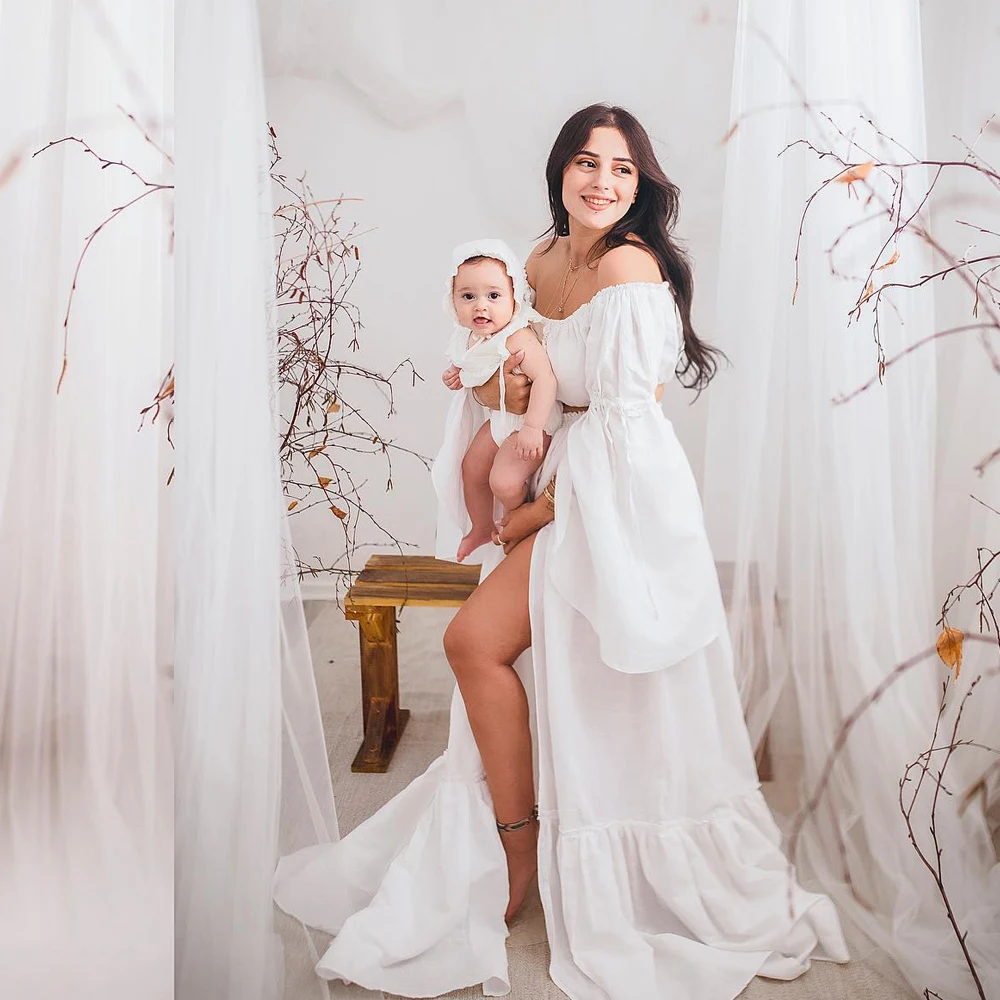 

Maternity Photography Gown Linen Cotton Long Sleeved One Shoulder Elegant Two-piece Set Photoshoot Dress For Women