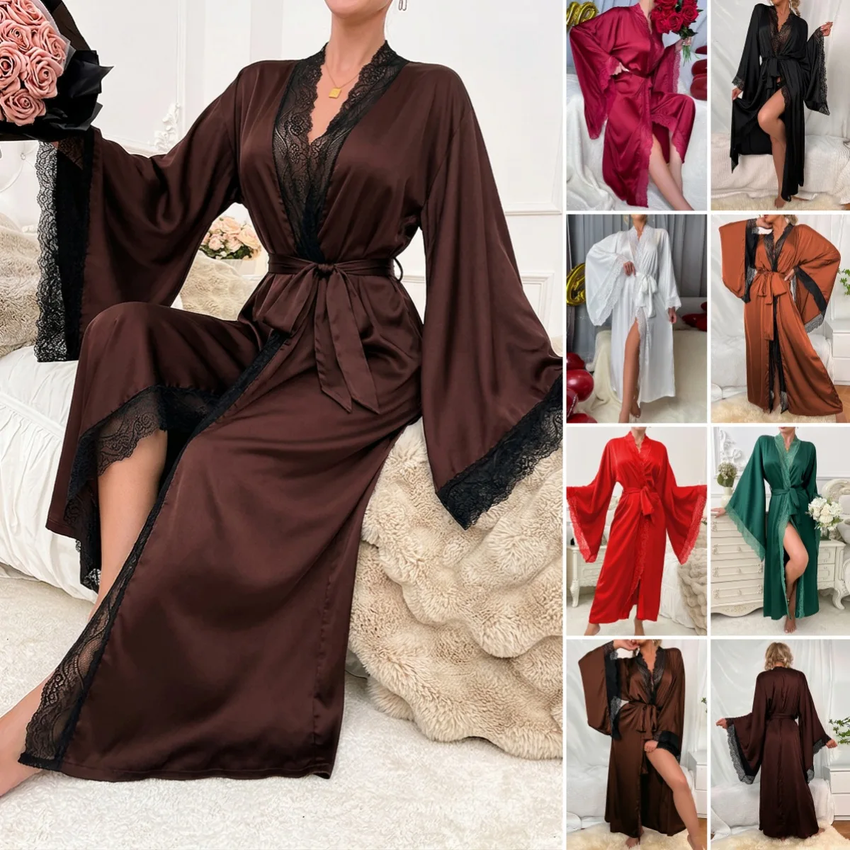 Long Solid Kimono Robe Women Sexy Lace Patchwork Bathrobe Gown Flare Sleeve Sleepwear Nightwear Bride Wedding Robes Loungewear