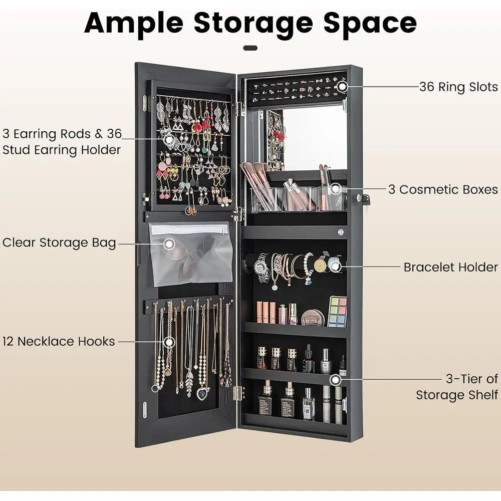 Wall-Mounted Lockable Jewelry Cabinet with Adjustable Lighted Mirror, 3 Lighting Modes, 42.5 Height, Black