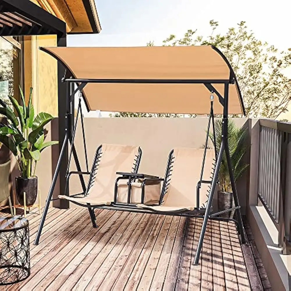 

2-Seat Patio Swing Chair, Outdoor Canopy Swings Glider with Pivot Storage Table, Cup Holder, Adjustable Shade, Patio Swing