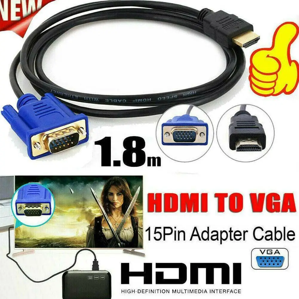 Conversor de cabo HDMI para VGA com fonte de alimentação de áudio, 1080P, macho para fêmea, adaptador para tablet, laptop, PC, TV