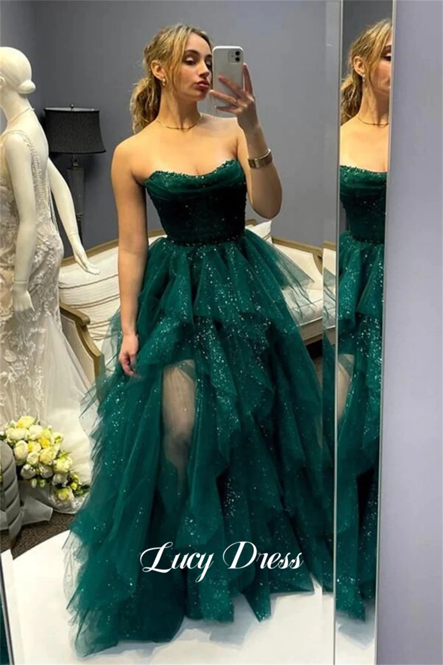 Lucy Graduation Gown Green Ball Shiny Mesh Layered Slit Luxurious Turkish Evening Gowns Gala Dress Women Elegant Party Prom