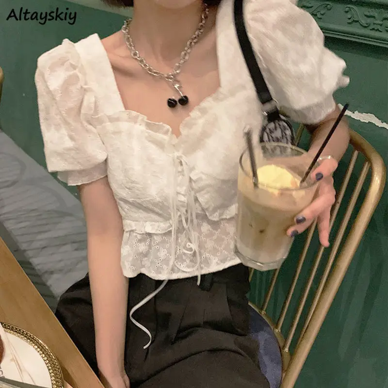 Retro White Blouses Women Sweet Preppy Cute Square Collar Summer Crop Tops Drawstring Tender Females Students New Arrival Korean