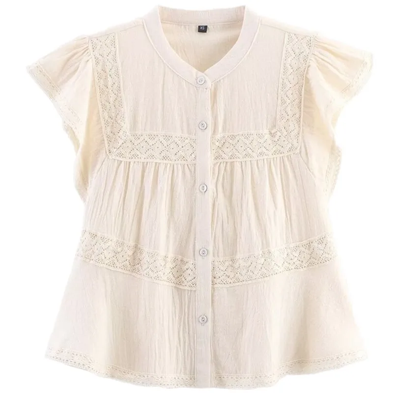 بلوزة نسائية صيفية جديدة لعام 2025 من مزيج القطن بأكمام قصيرة وياقة مستديرة بلون واحد وتصميم فضفاض بإحساس بارد على طراز الشاط...