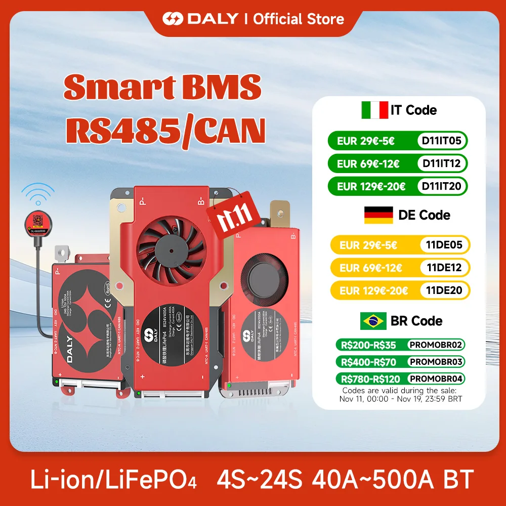 Daly BMS Smart BMS LiFePo4 4S 12V BMS 8S 24S 72V 48V 16S 40A 60A 100A 150A 200A 250A 300A 3.7V Li-Ion BMS 7S 13S 14S 3.2V BMS