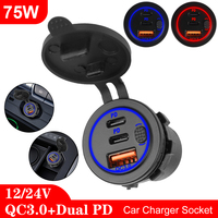 Dual PD USB-C Port Waterproof 12-24V for Car Boat Power Outlet with Power Switch 75W USB Outlet USB Charger Socket QC 3.0