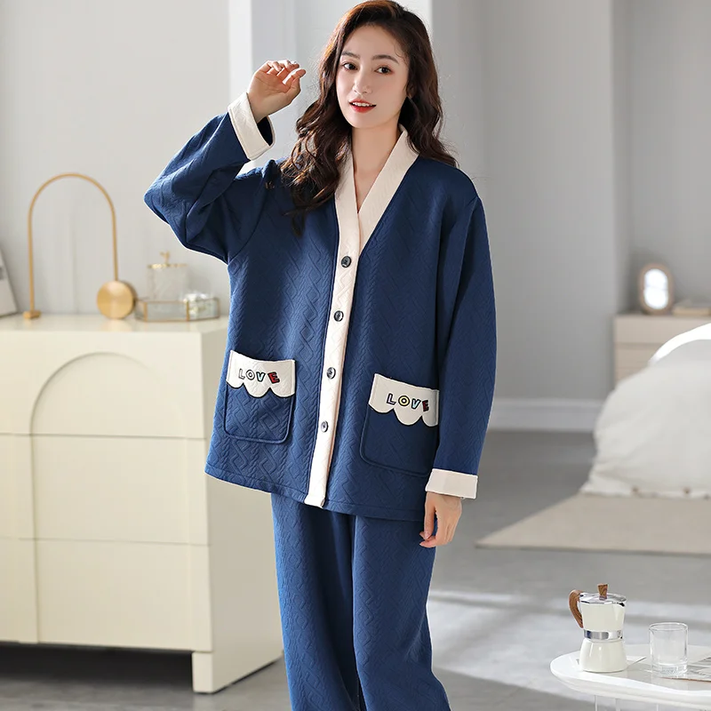 

V-neck pajamas women autumn and winter laminated air cotton pajama thick long-sleeved home service female warm thin quilted suit